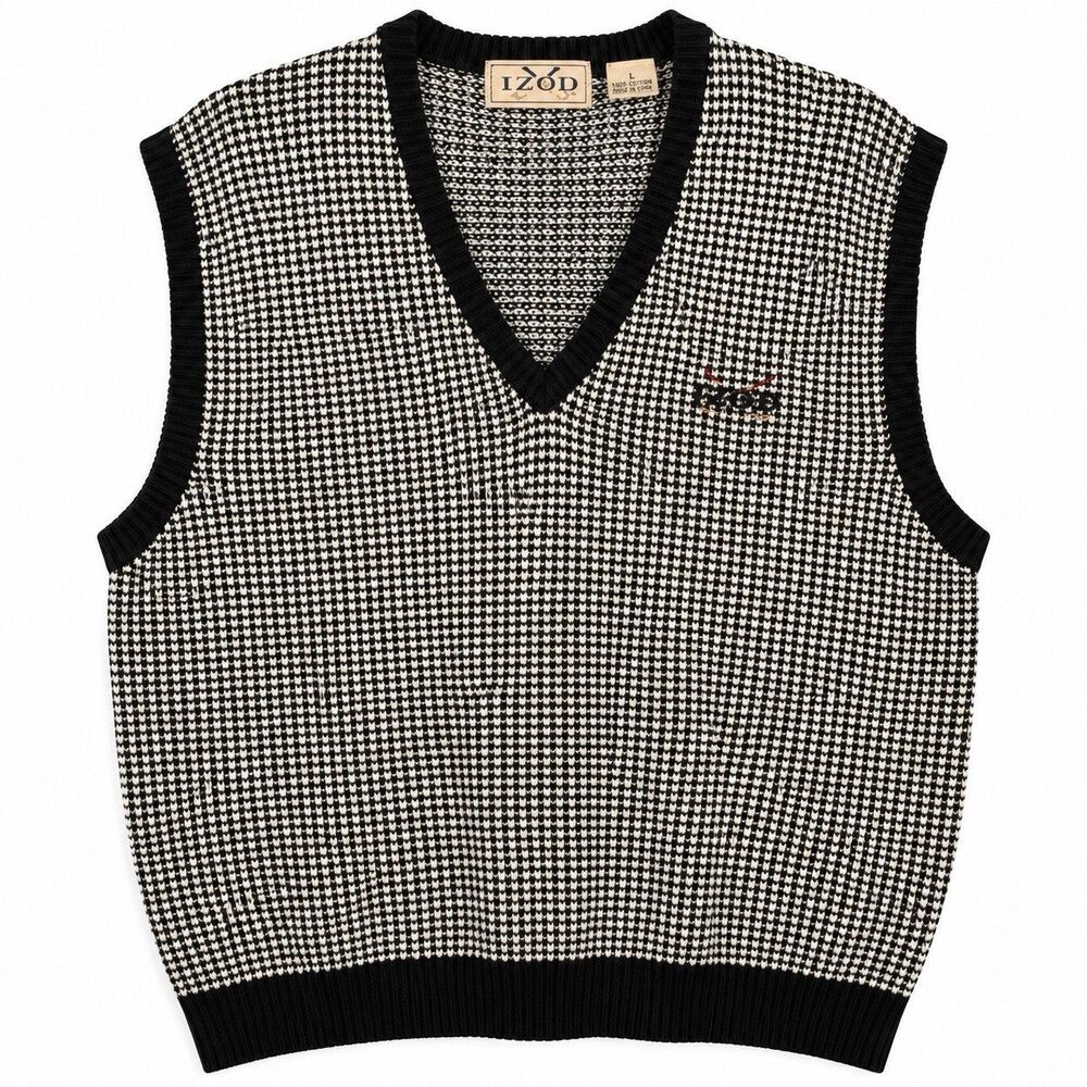 Vintage IZOD Sweater Vest Mens XL Black Cream Cotton Golf Preppy 90s Oversized